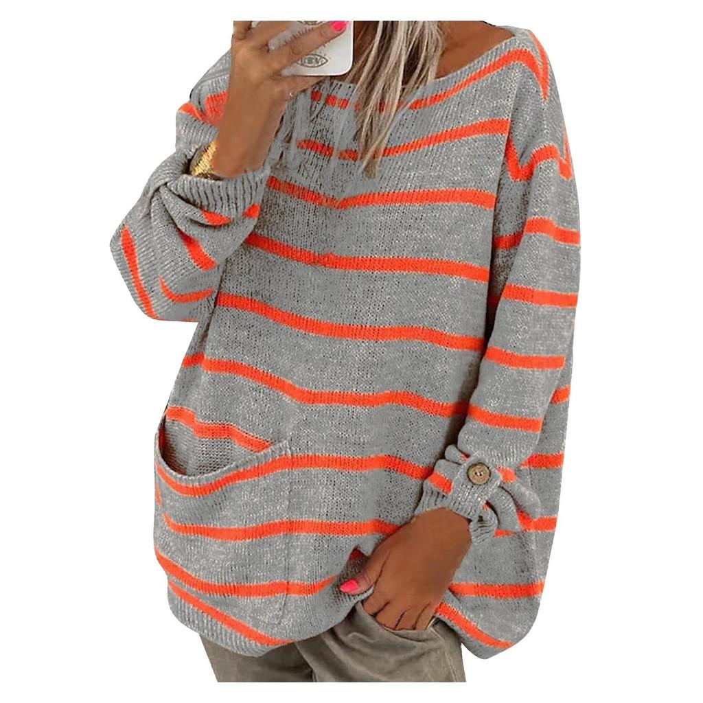 Women's Solid Color Contrast Striped Pullover Round Neck Loose Sweater Sweater