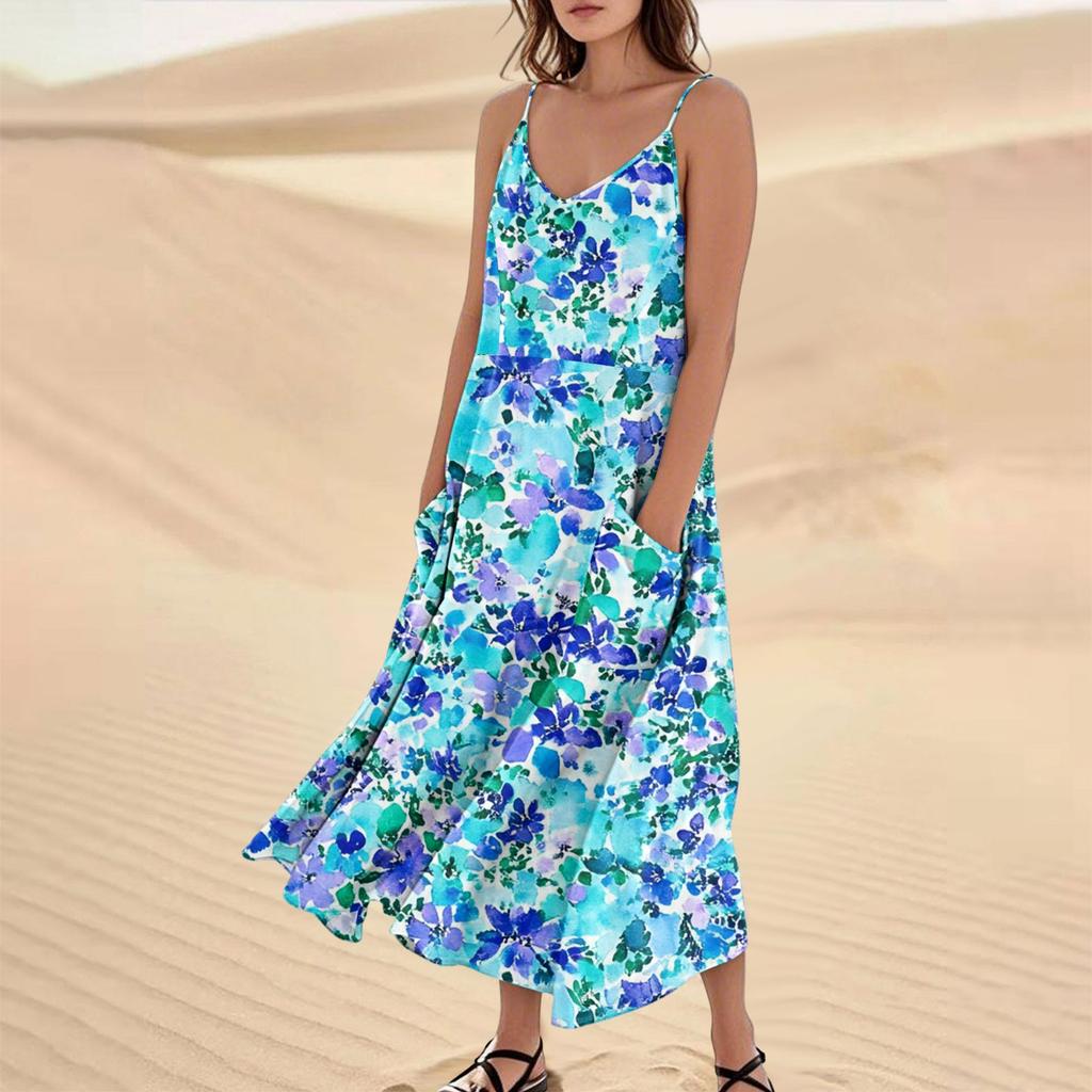 Women's Fashion Casual Floral Print Sleeveless Pocket Long Beach Dress