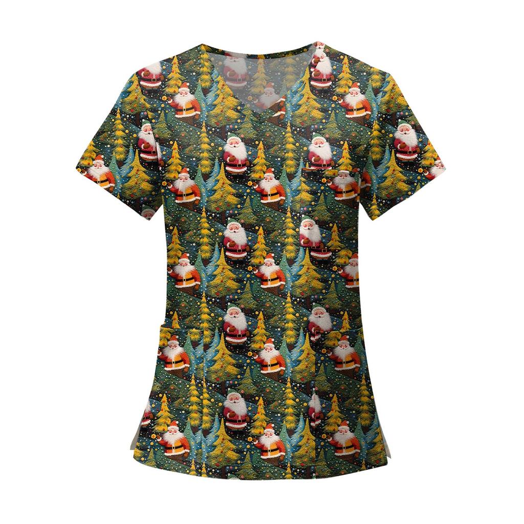 Women's Fashion Printed Short Sleeve V Neck Pattern Tops Pocket Working T-shirts