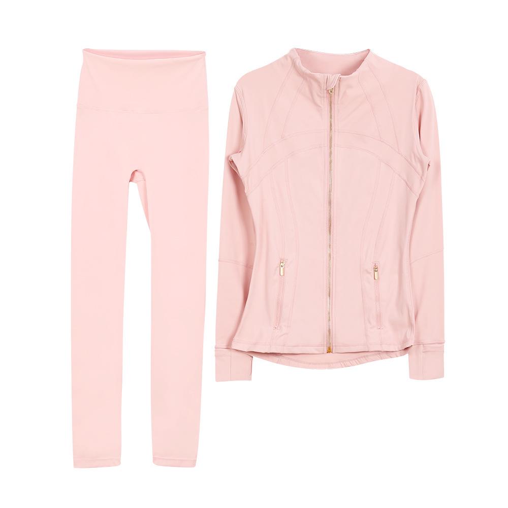 Lulu Original Gold Zipper Stand Collar Jacket & Cropped Yoga Pants Set - Women's Long Sleeve Tight Sports Suit