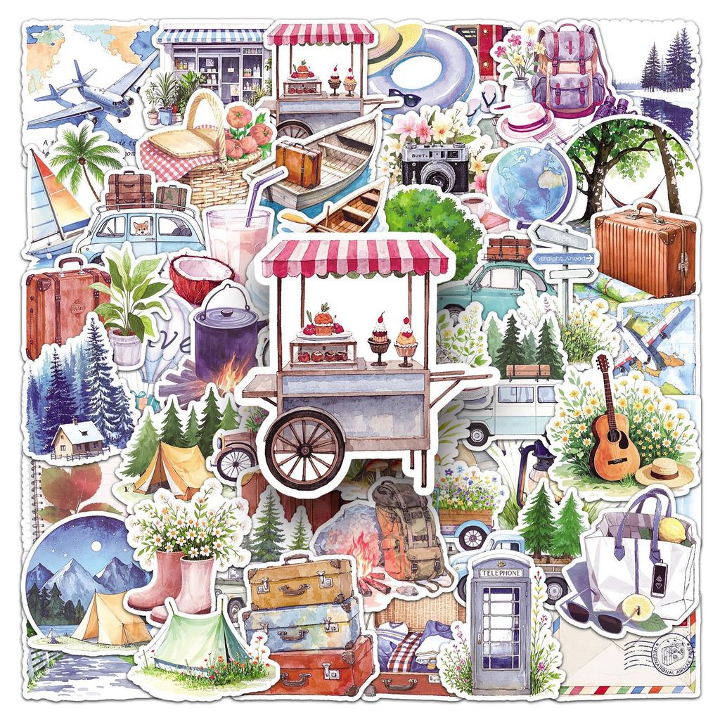 50 Outdoor Travel Graffiti Stickers Cartoon Small Fresh Hand-painted Watercolor Wind Camping Decorative Water Cup Mobile Phone Stickers