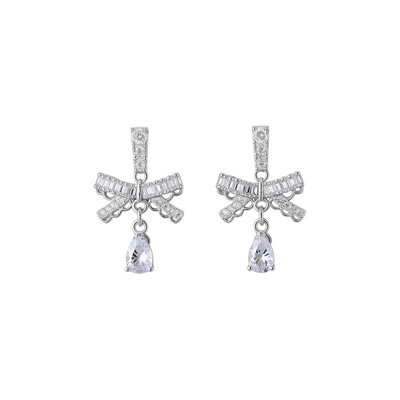 Elegant Zircon Bow Water Drop Stud Earrings - Light Luxury Niche Design for Women