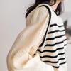 Women's Off-White Retro Patchwork Chiffon Striped Knit Sweater Shirt, One Size, Black, Korean Niche Design.
