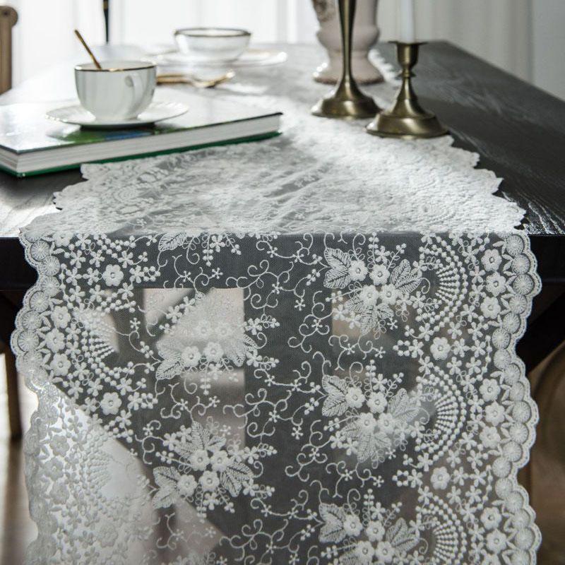 Lace Table Runner French White Romantic Decorative Wedding Tablecloth Floral Embroidery Camino De Mesa Rectangle Dustproof Cover