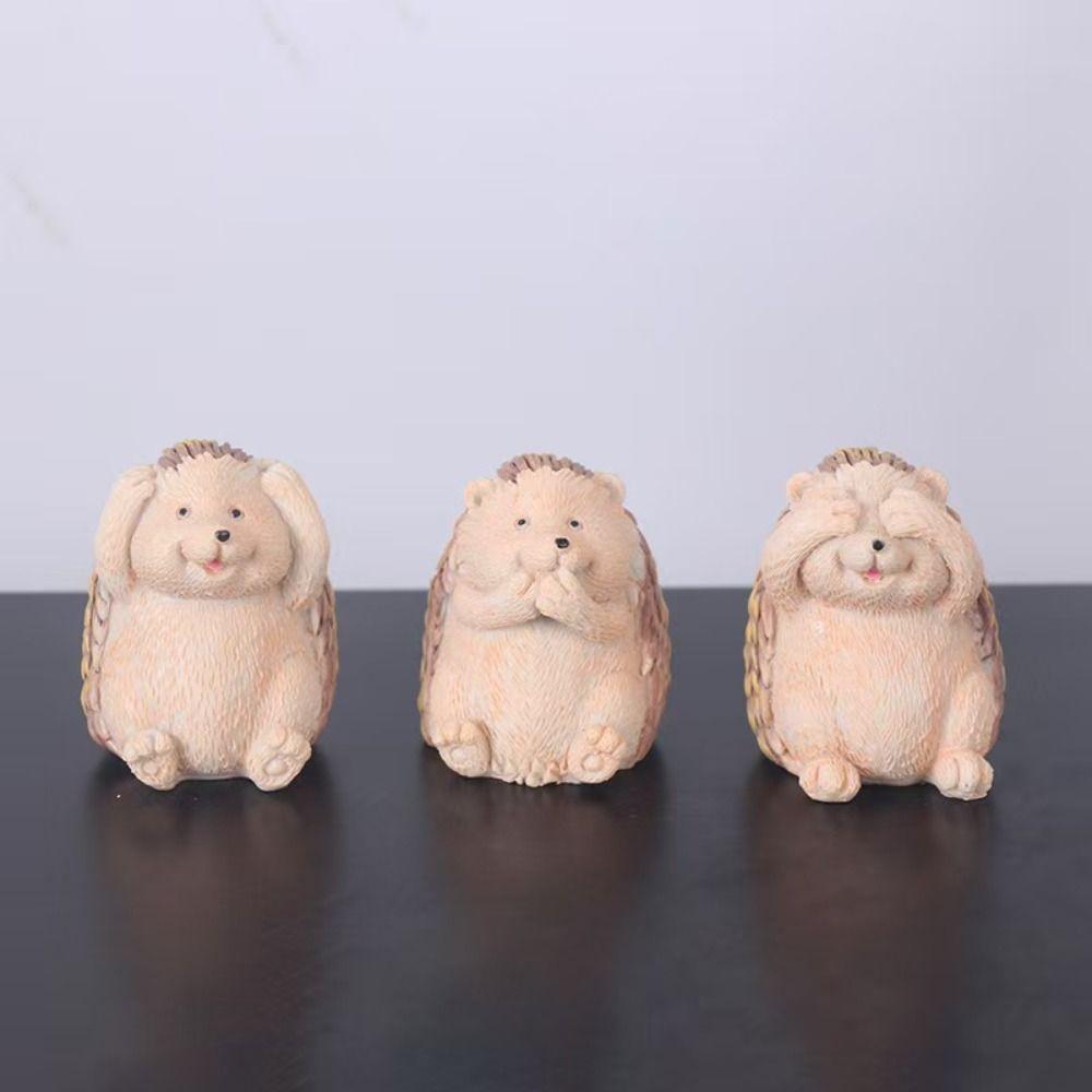 3pcs Cute Hedgehog Statue Cartoon Miniatures Figurine Animal Sculpture  Garden