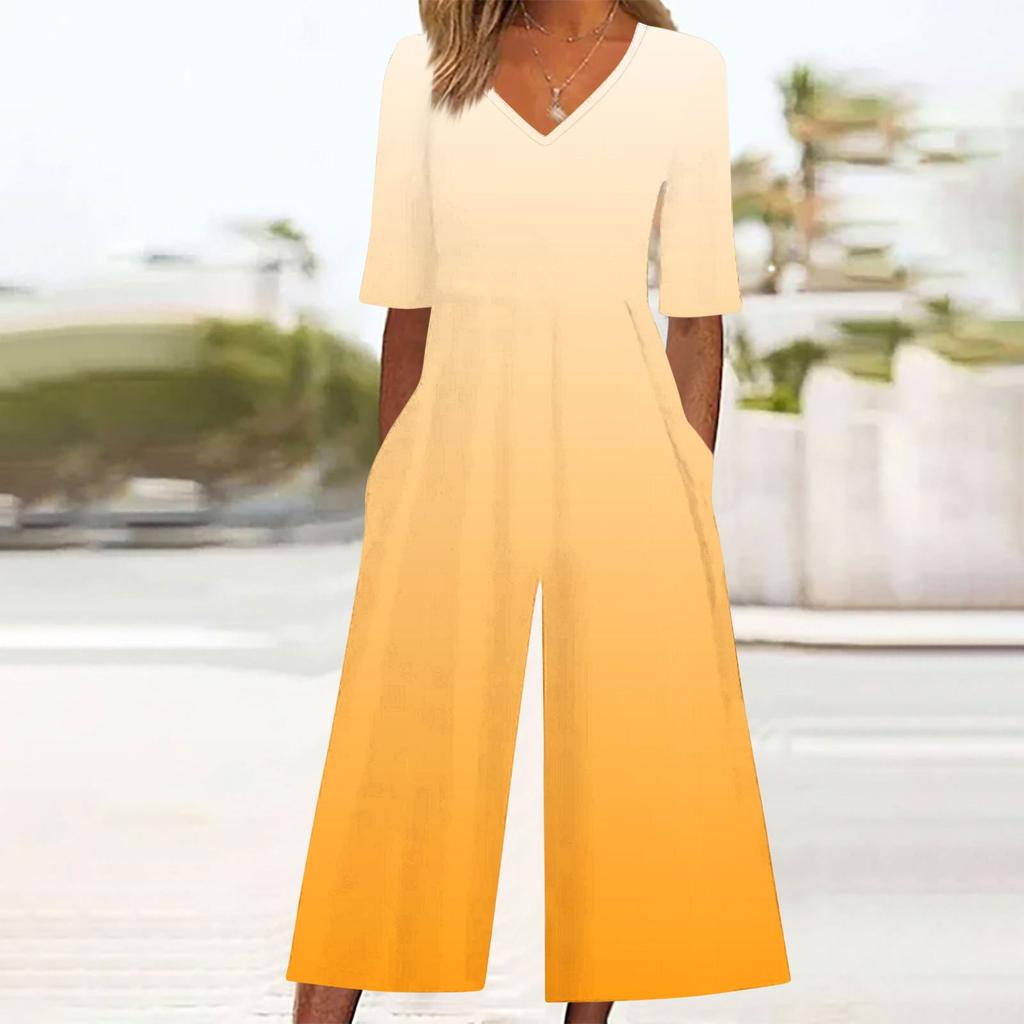 Women's Loose Casual V-Neck Gradient Printed Jumpsuit Slim Fit Wide Leg Jumpsuit