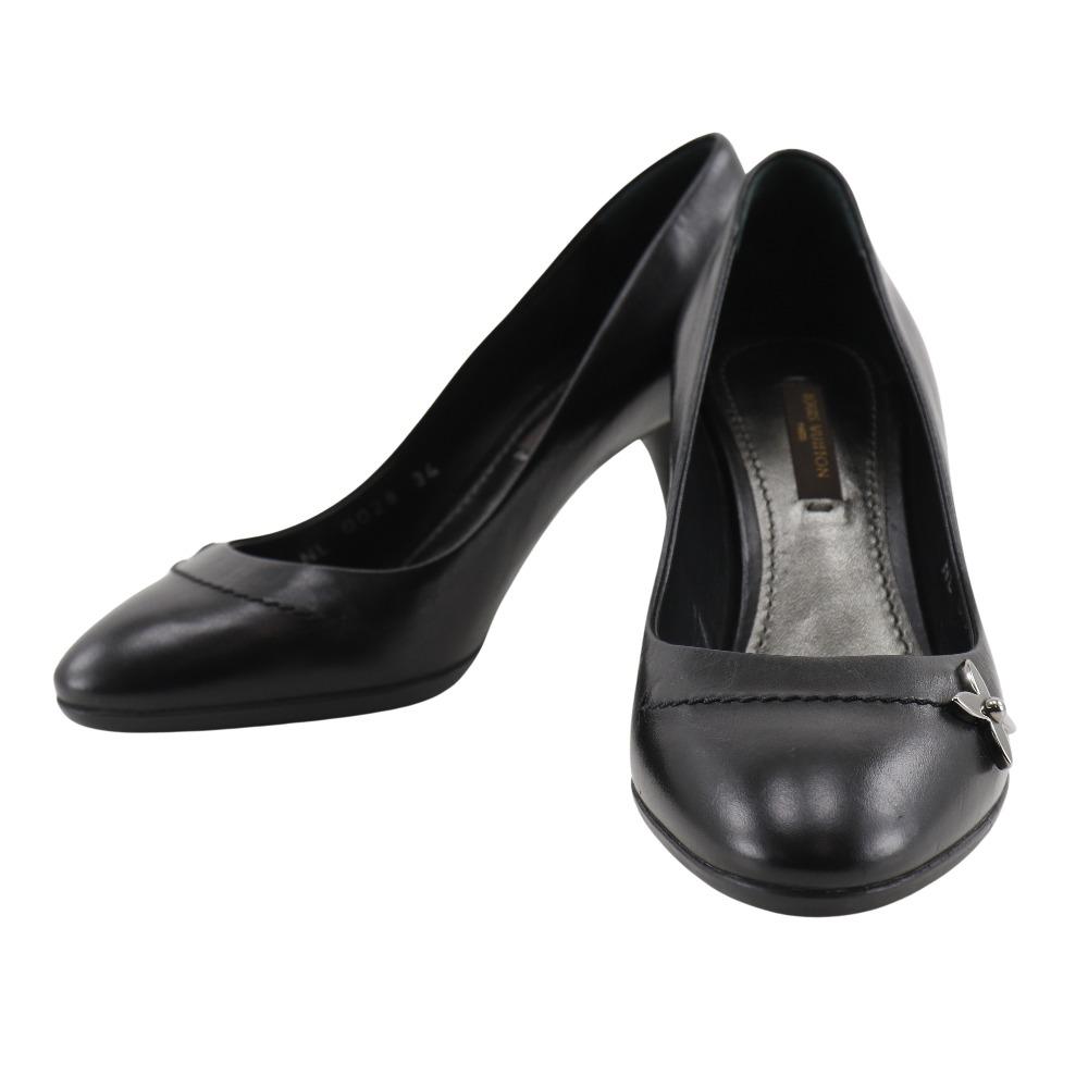 LOUIS VUITTON Monogram flower pumps Round toe black leather flour Women Used