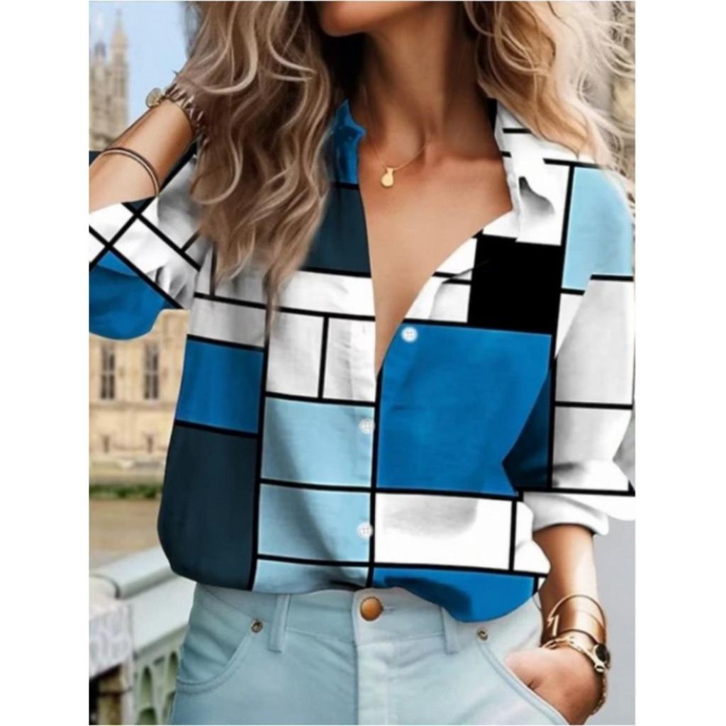 Patchwork Plaid Long-Sleeve Shirt, Stylish Casual Top for Everyday Wear.