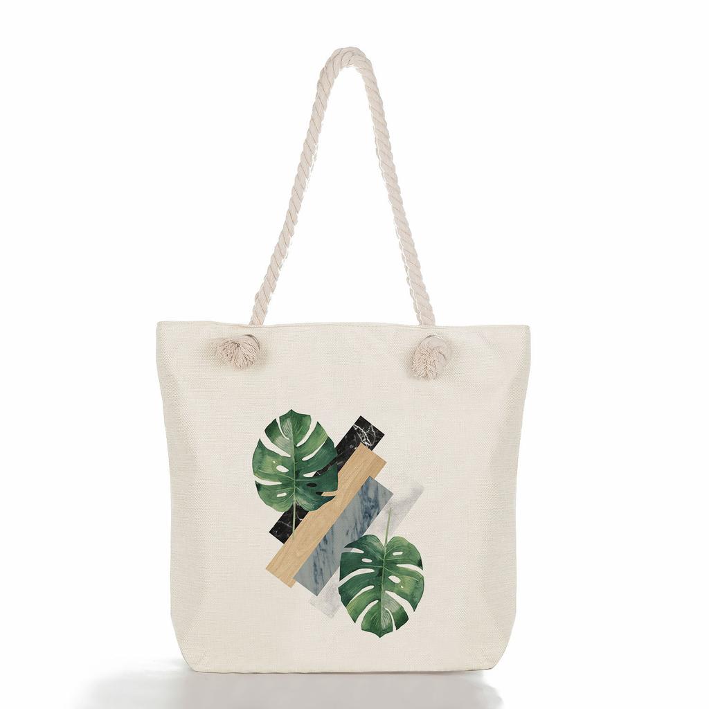 Marble green leaves print thick rope single-shoulder beach bag 7273 CLE