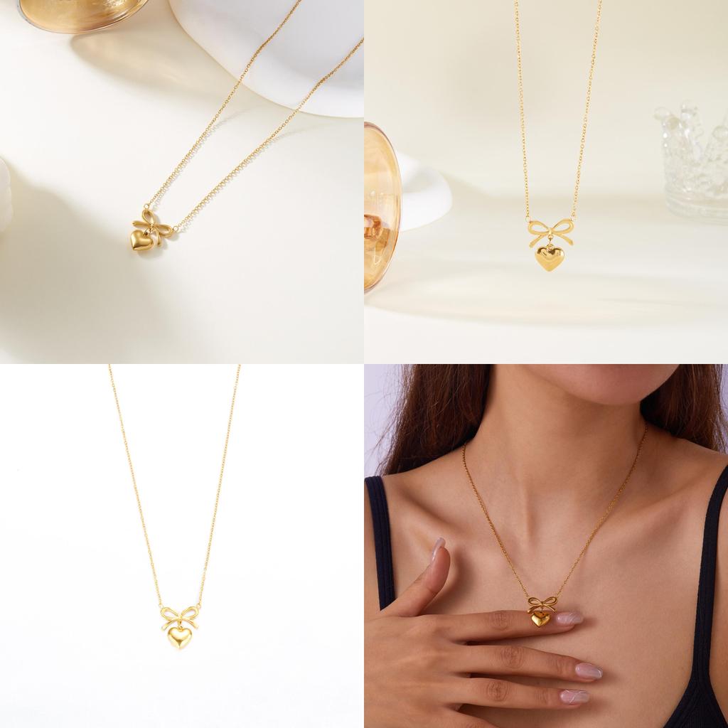 Elegant Heart Shape Pendant Necklace With Butterfly Bow Design In Stainless Steel For Daily Wear
