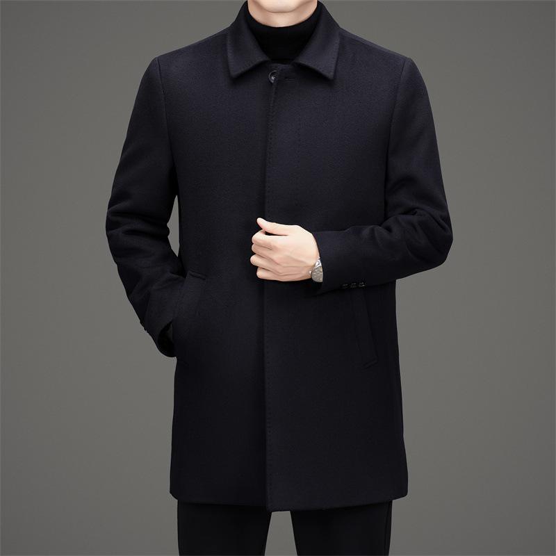Men's Mid-Length Wool Coat with Detachable Down Liner, Business Lapel Style