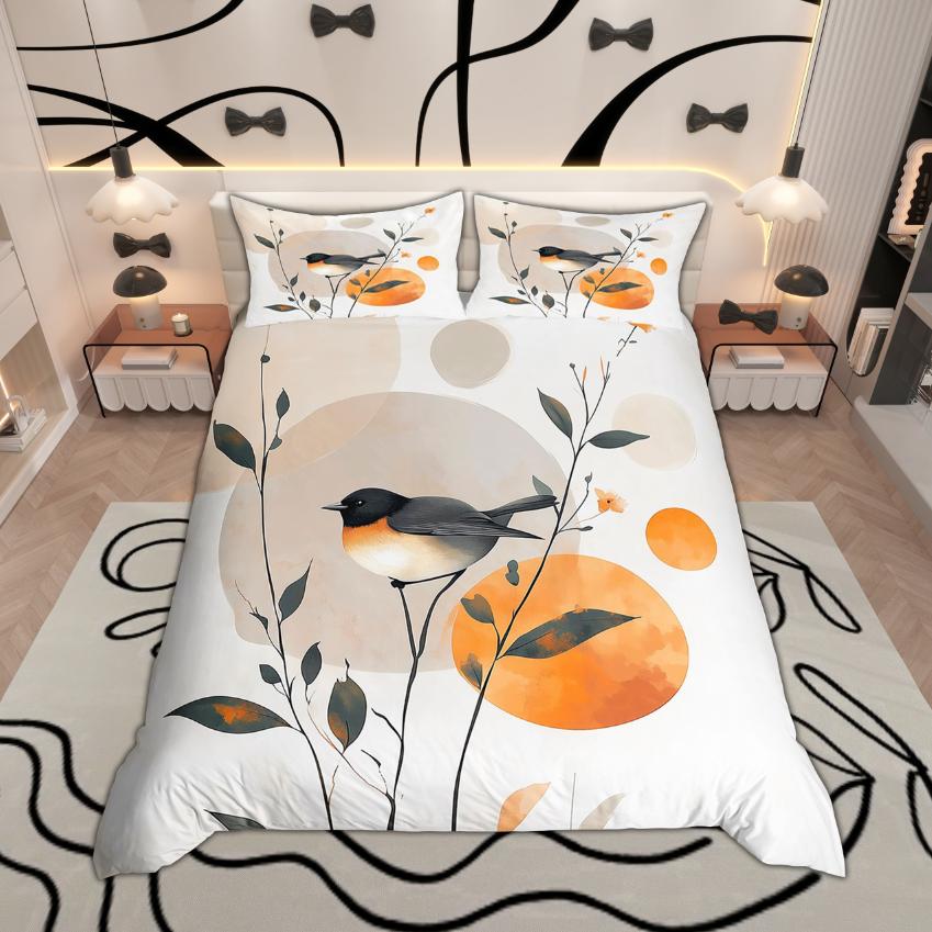 Homewish Modern Minimalist Duvet Cover Set, Chic Bird Bedding Set, Botanical Leaves Quilt Cover Set, Bedroom Decor