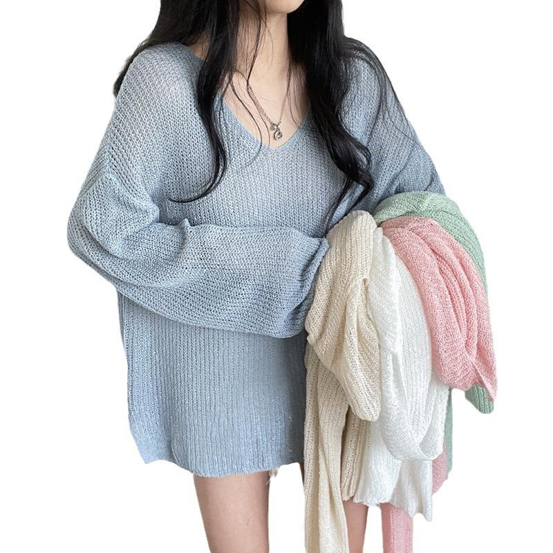 European and American style blouse with hollow perspective thin long-sleeved knitted sweater women's autumn new lazy style