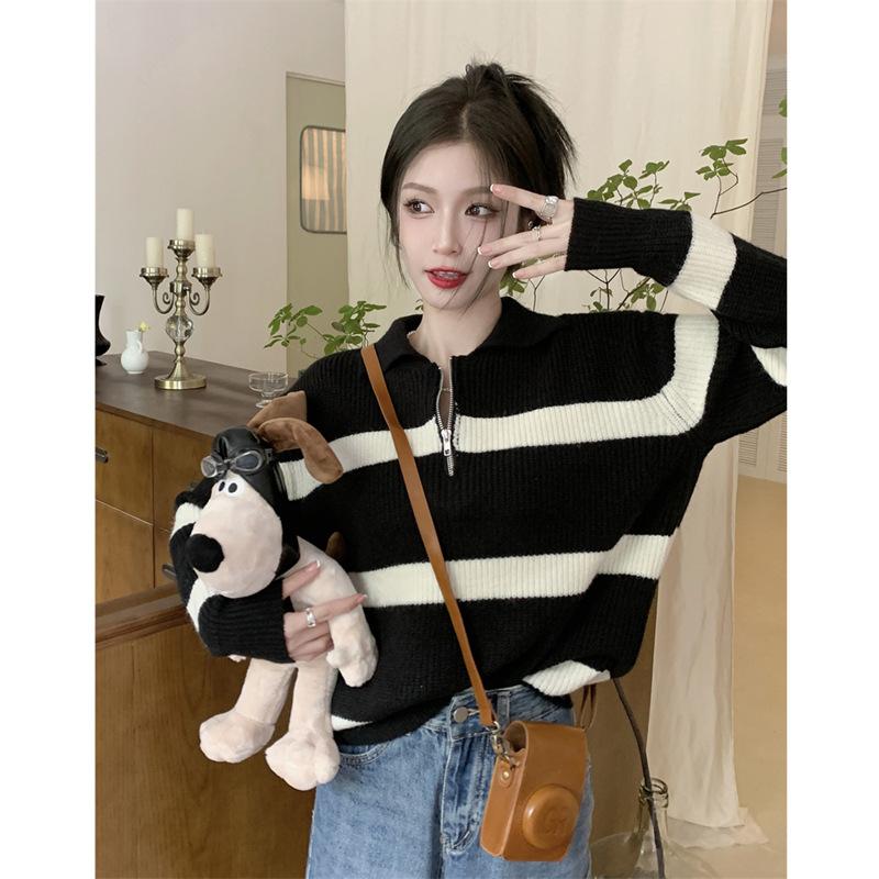 Polo collar striped long-sleeved knitted sweater women s autumn 2025 new lazy loose pullover One size