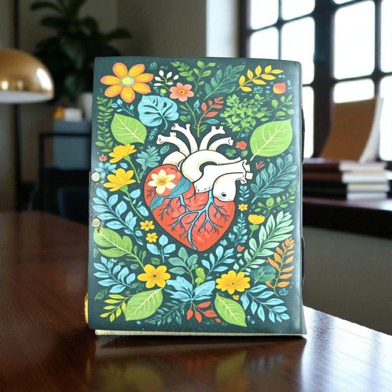 Anatomical Heart Leather Journal with Lock: Witchy Floral Notebook