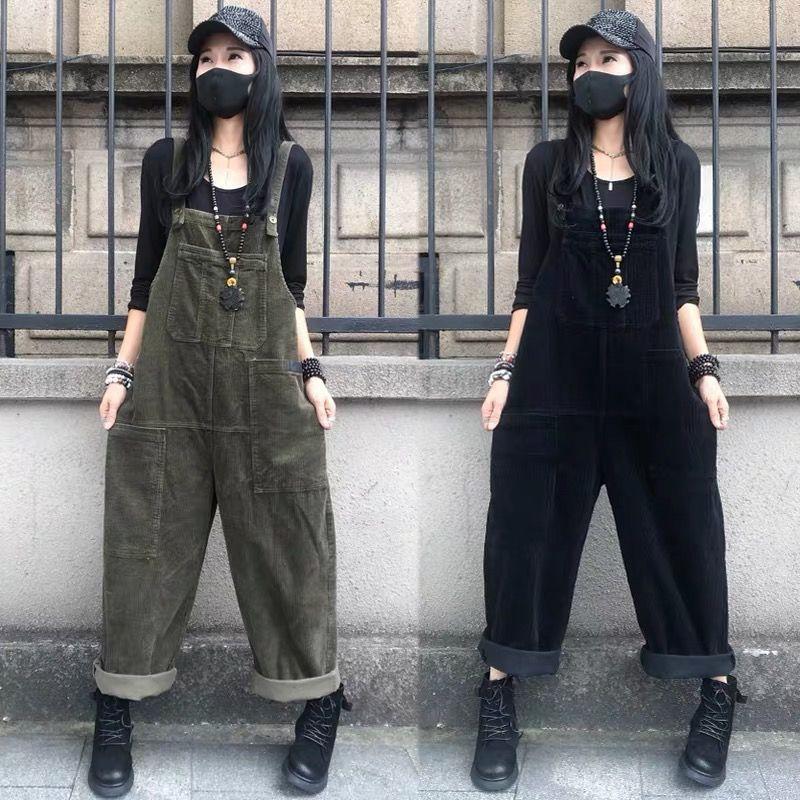 Spring Autumn Vintage Corduroy Jumpsuits Women Loose Casual Dungaree Straps Overalls