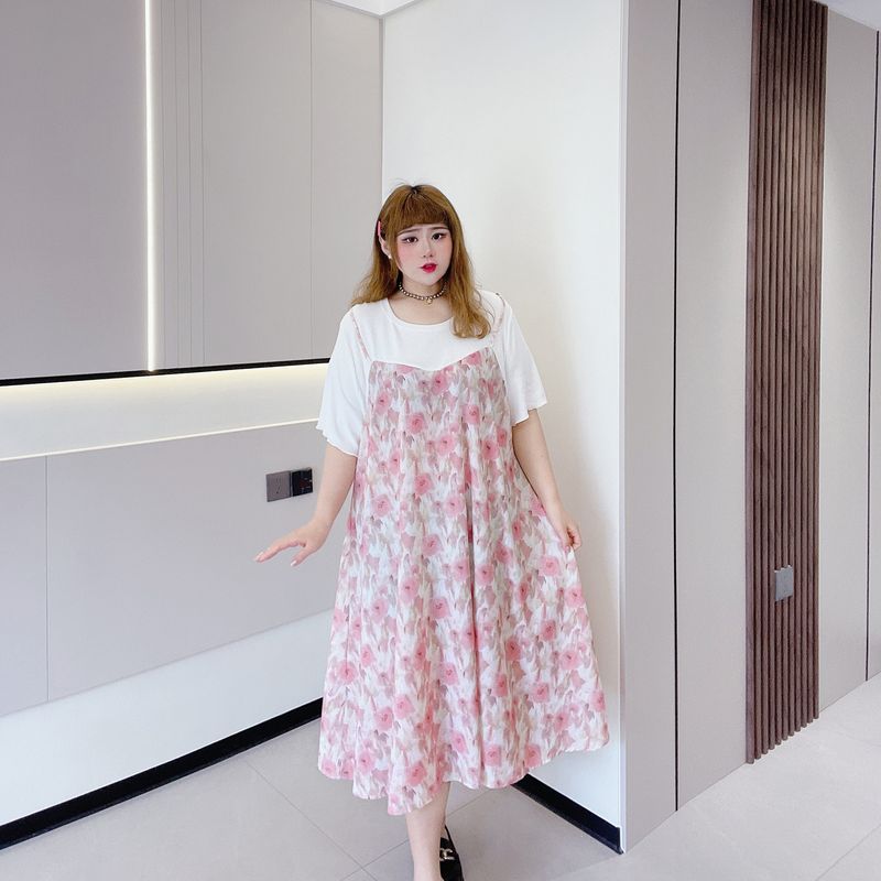

130.00kg Fat Fairy Yingying Plus Size Women s Clothing Plus Size Ladies Summer Sweet Elegance Flab Hiding Floral Fake Two-Piece Dress Smash flowers XL((65.00 kg-75.00 kg)
