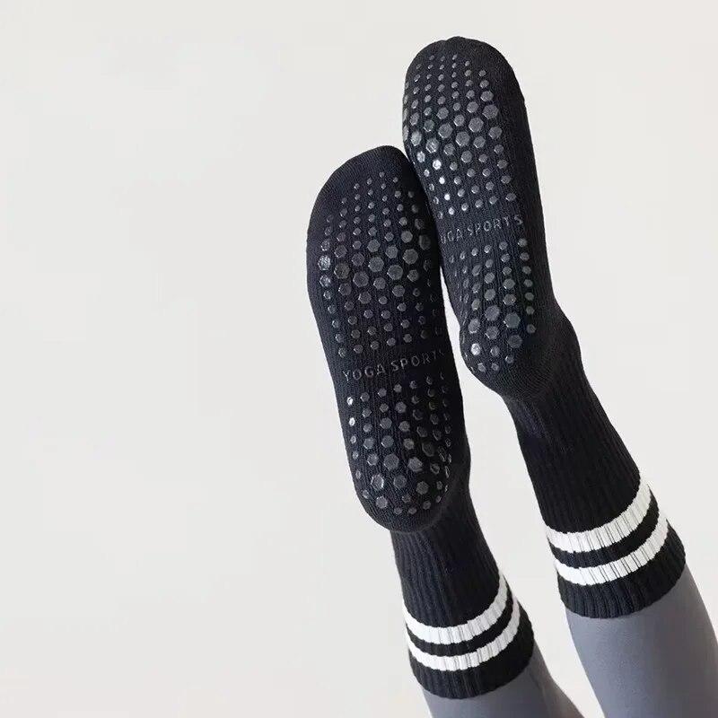 Macaron Striped Simple Cotton Mid-calf Women Yoga Socks Bottom Silicone Non-slip Sports Socks Indoor Dance Fitness Pilates Socks