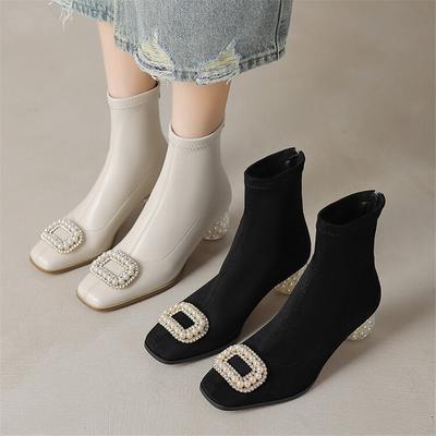 Mode Nieuwe Herfst Winter Dames Laars Pu Leer Korte Laarzen Mode Parel Vierkante Neus Elastische Laarzen voor Dames Hoge Hakken Damesschoenen