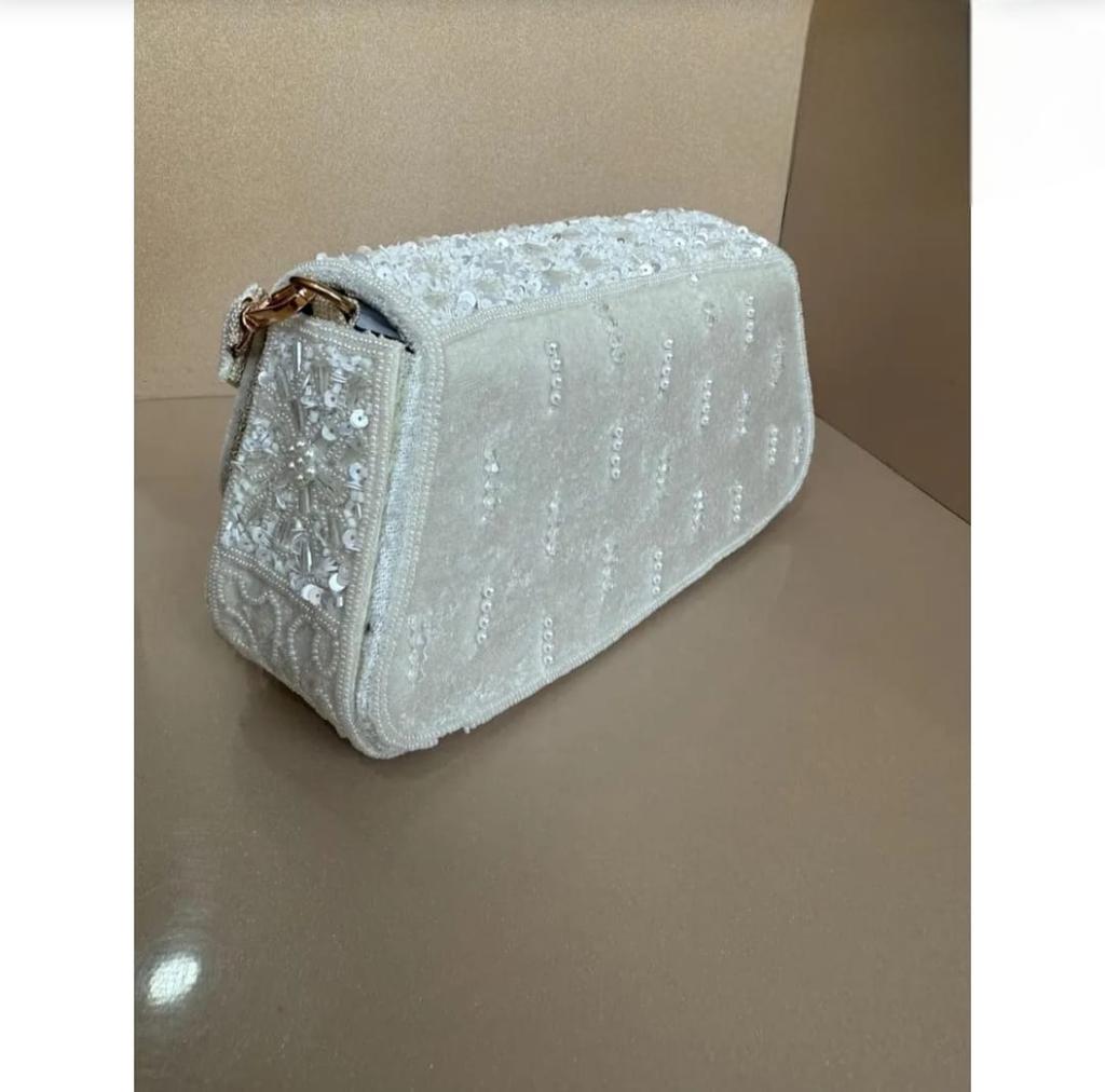 Handmade Beaded Bridal Clutch White Pearl & Sequin Evening Bag with Fringe Elegant Wedding Purse Handmade Party Bag Gift for Her
