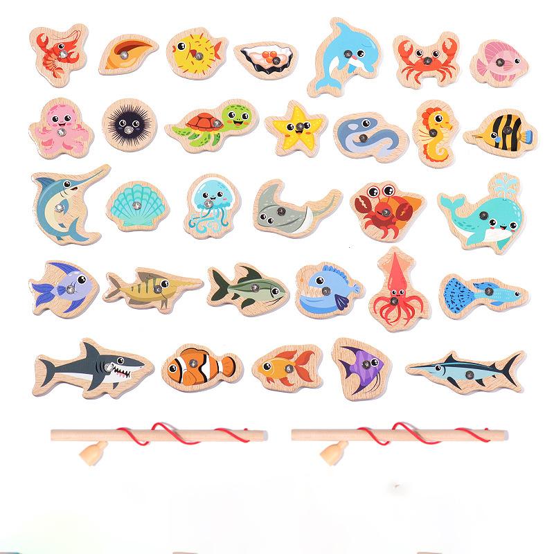 Wooden Fishing Toys For Children Magnetic Marine Life Cognition Fish Games Parent-Child Interactive Educational Toy