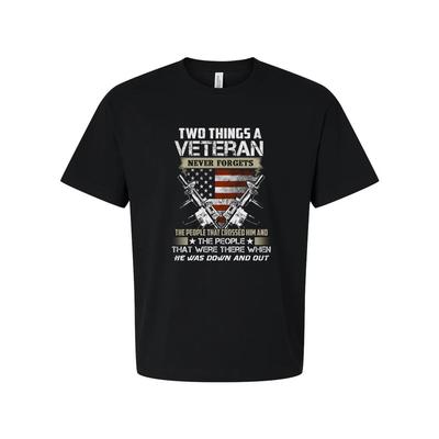 Two Things a Veteran Never Forgets T Shirt With American Flag and Crossed Rifles