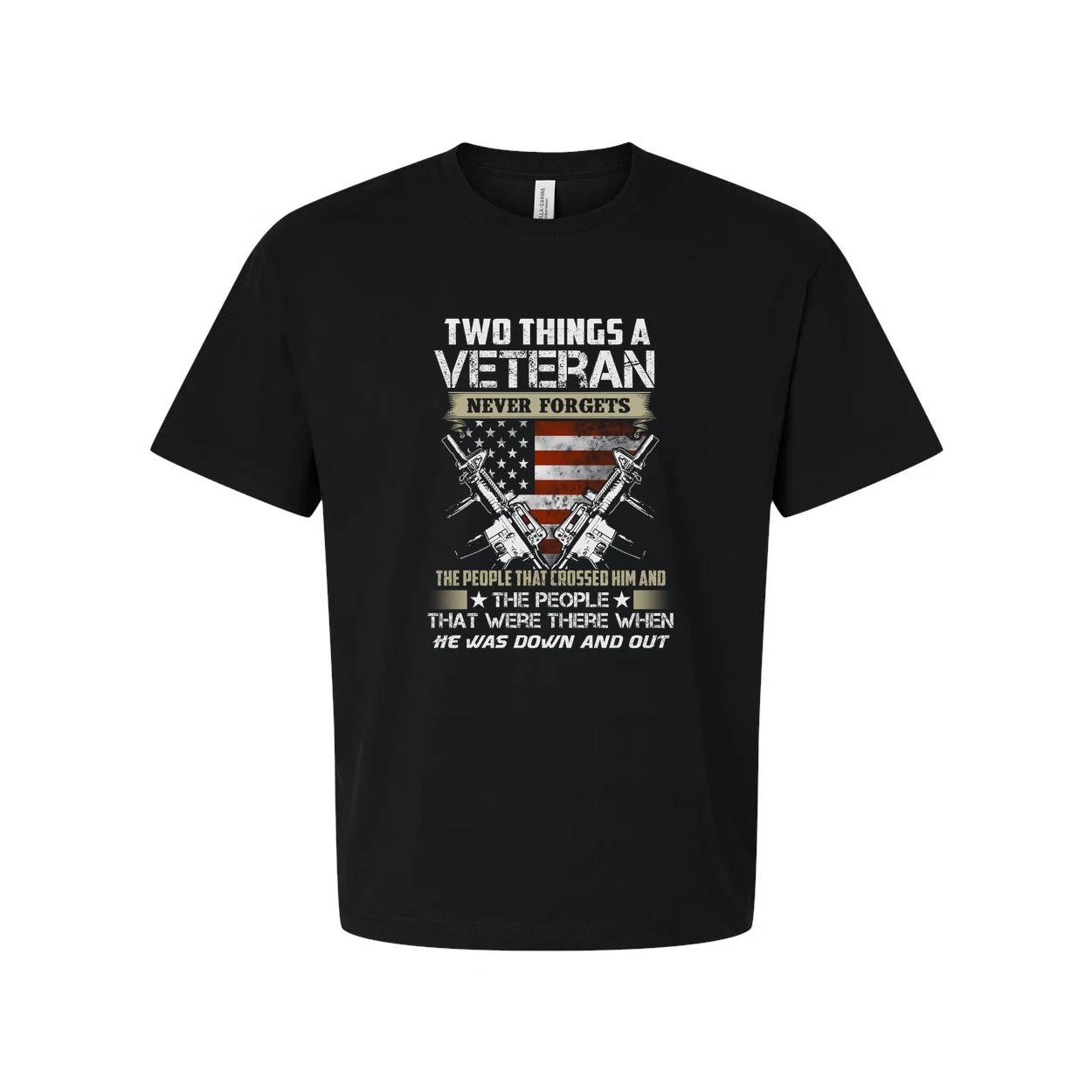 

Two Things a Veteran Never Forgets T Shirt With American Flag and Crossed Rifles S