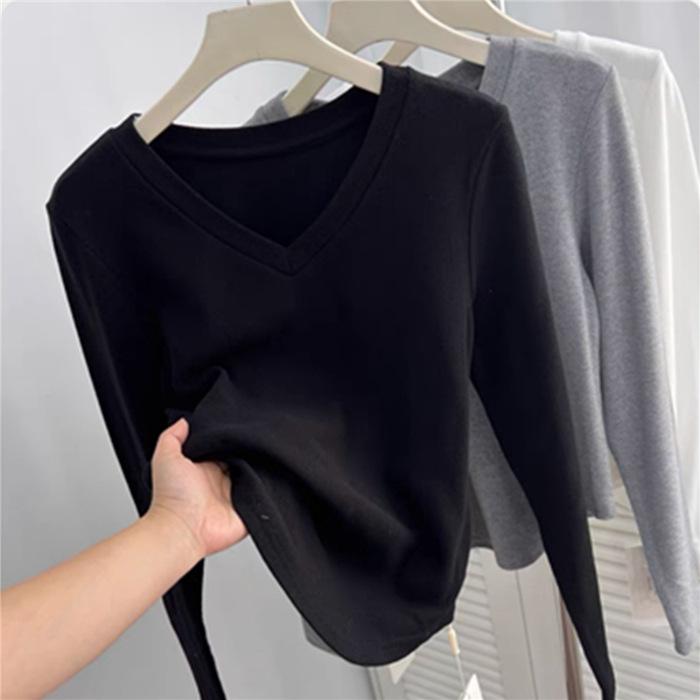 Pulover scurt moale și pufos, cu blană periată de toamnă și iarnă, cu temperament simplu, cu decolteu în V, cu mâneci lungi, cămașă slim și slăbită pentru femei