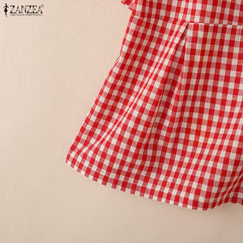 ZANZEA Women Casual V-neck Summer Short Sleeve Grid Print Blouse