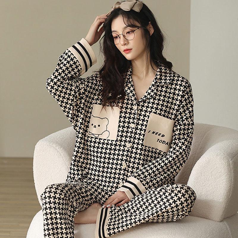 Spring and Autumn New High-end Imitation Cotton Pajamas Women's Summer Long-sleeved Trousers Set Women's Loose Large-size Loungewear
