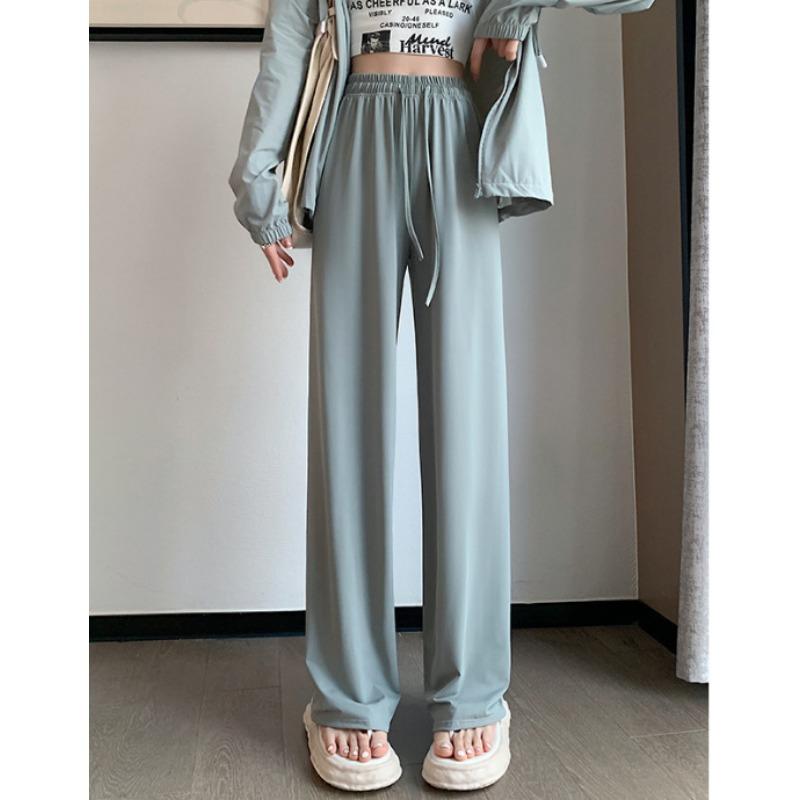 Ice Silk Sunscreen Wide-leg Pants Women's Summer Thin Drawstring Quick-drying Straight Casual Pants Drape Thin Cool Sunscreen Pants