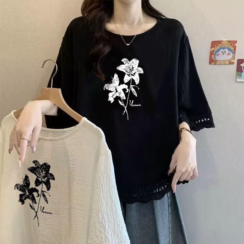 Street Casual All Match Floral and Plant Printed T-shirt for Summer Loose and Versatile Elegant Top Popular Women