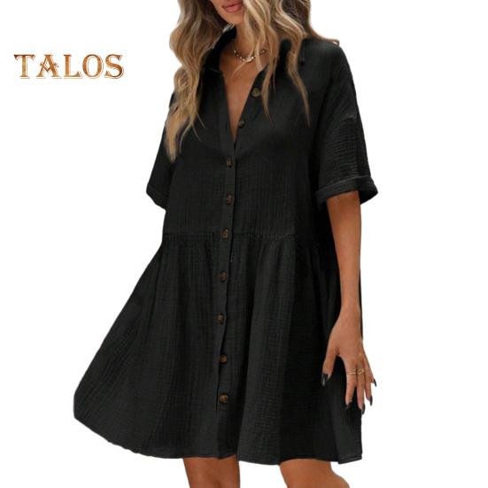 Women's Short Sleeve Shirt Dress Lapel V Neck Button Down Swing Dress Summer Casual Flowy Beach Sundress