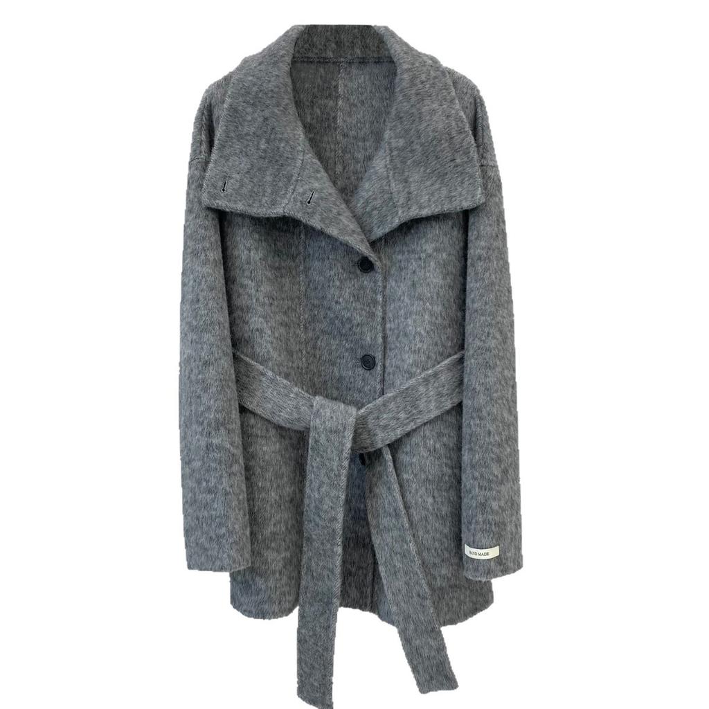 Stand-up collar small double-sided wool coat women's gray autumn and winter coat short niche design new