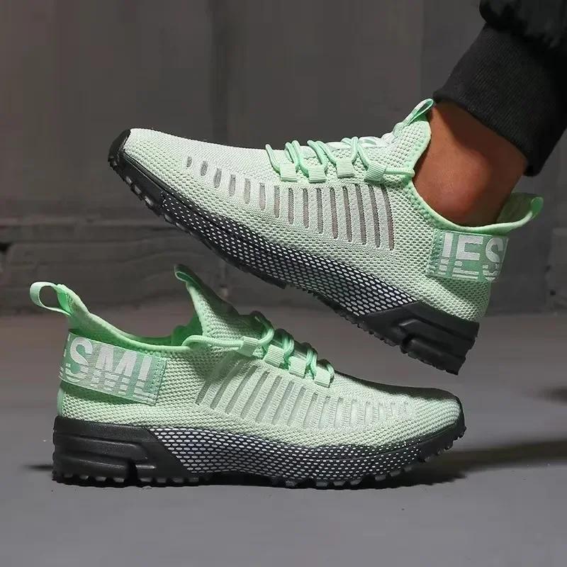 Men Knitted Running Shoes Breathable Cushioned Insoles Adjustable Shoelaces Walking Shoes Comfortable Outdoor Activity Sneakers