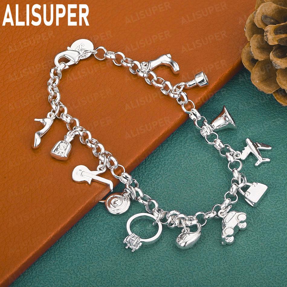 925 Sterling Silver Fashion Element Pendant Side Chain Beautiful Bracelet Gift Jewelry 20CM
