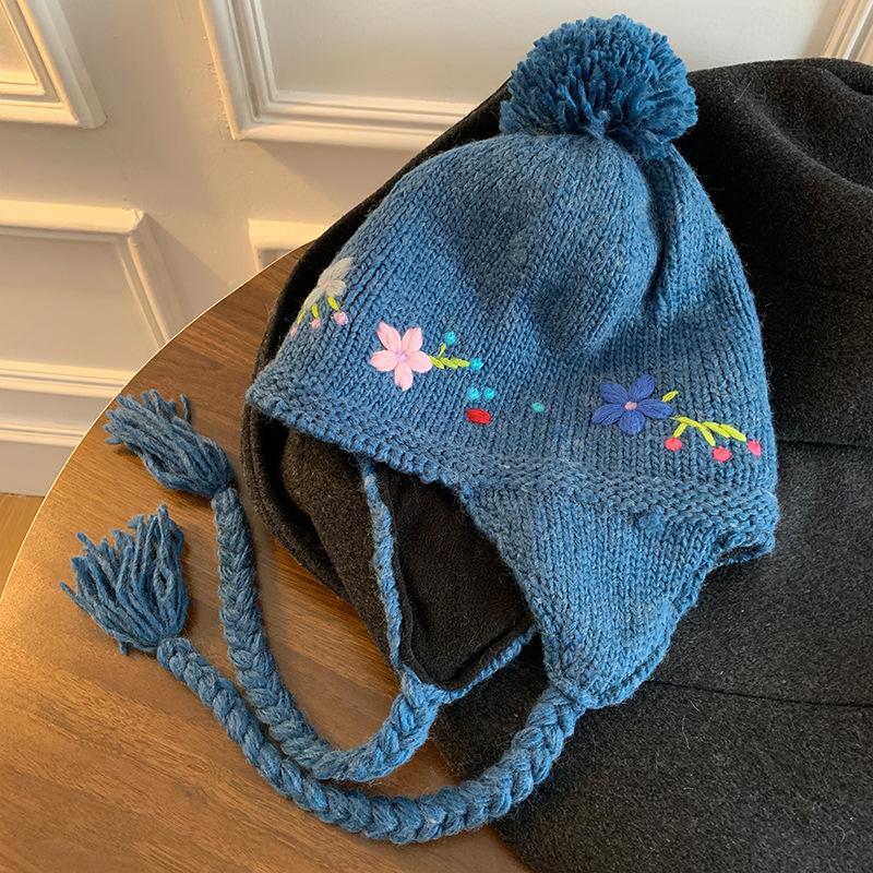 Ретро вышитая цветами шапка-ушанка женская сезонная милая жаккардовая вязаная шапка холодная и теплая шапка-ушанка M（56-58cm） синий