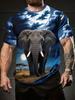 [Print Design - Not Textured /2D Printing] Moonlit African Elephant Realistic Print Short Sleeve T-Shirt Men'S Atmospheric Landscape Animal Casual
