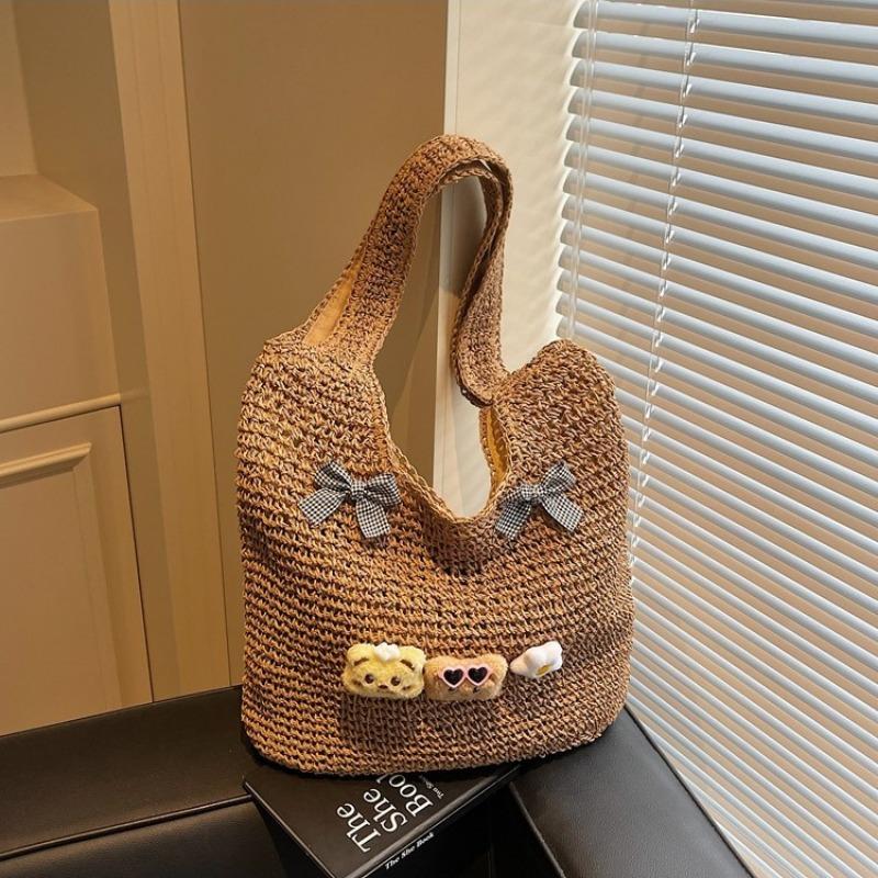 Spring Popular Large-capacity Hollow Design Woven Bag Women's New Bow Shoulder Straw Woven Tote Bag