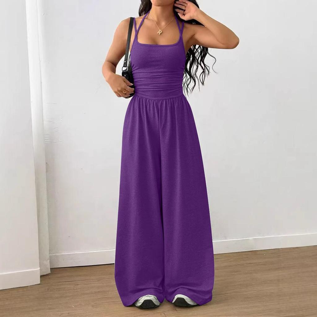 Women's Crisscross Spaghetti Strap Square Neck Ruched High Waist Wide Leg Long Jumpsuit Casual Summer Romper