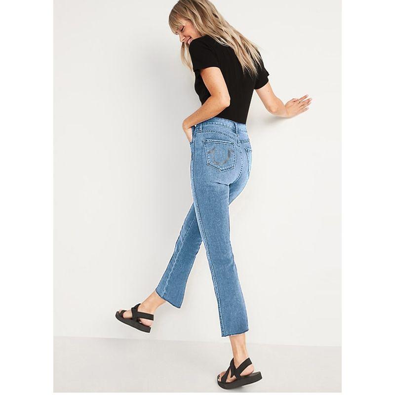 1 Piece, 5 Fold for 2 Pieces, Foreign Trade Original Garment Export USA High Waist Snowflake Blue Autumn Slimming Cut Edge, Slightly Cut Capri Jeans