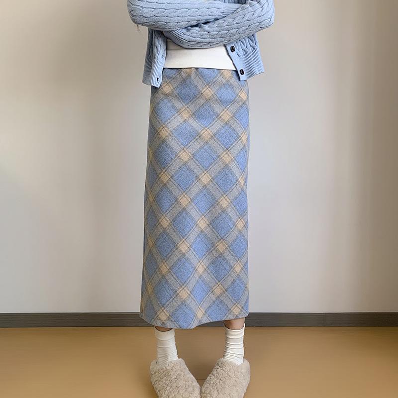 Roter Retro-Woll-Karo-Rock mit Schlitz - Herbst/Winter Beflockter, formender Hüftwickelrock