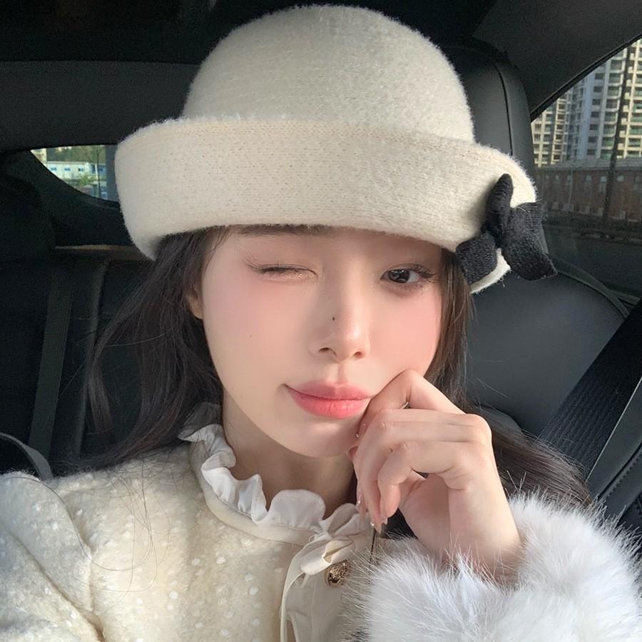 Bow Top Hat för Kvinnor Fransk Stil Retro Ull Ansiktsvisande Liten Varm Bucket Hat