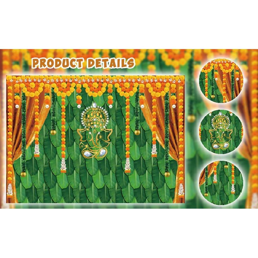 Indian Pooja Traditional Backdrop Diwali Ganpati Ganesh Marigold Puja Photography Background Green Banana Leaves Adult Religious Service Weeding
