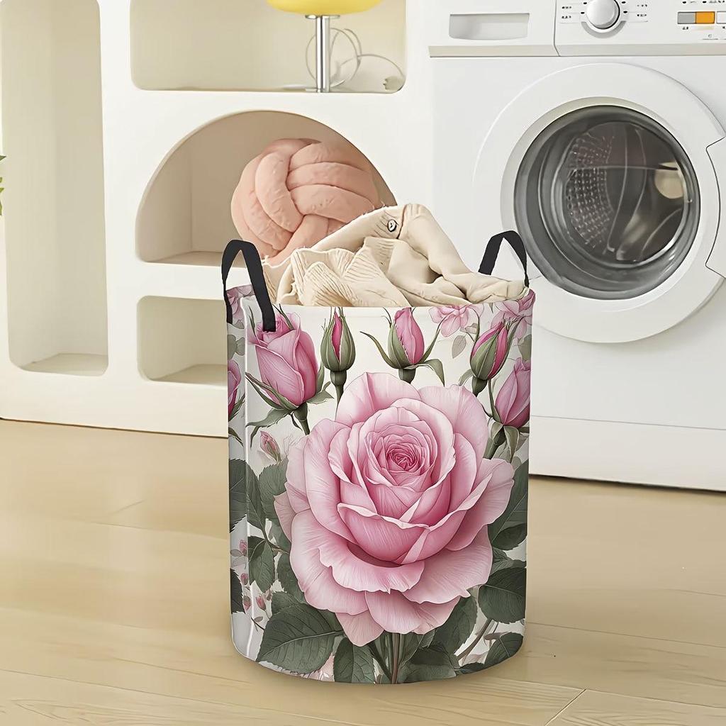 Romantic Pink Rose Laundry Basket with Fresh Flower Design for Bedroom Storage
