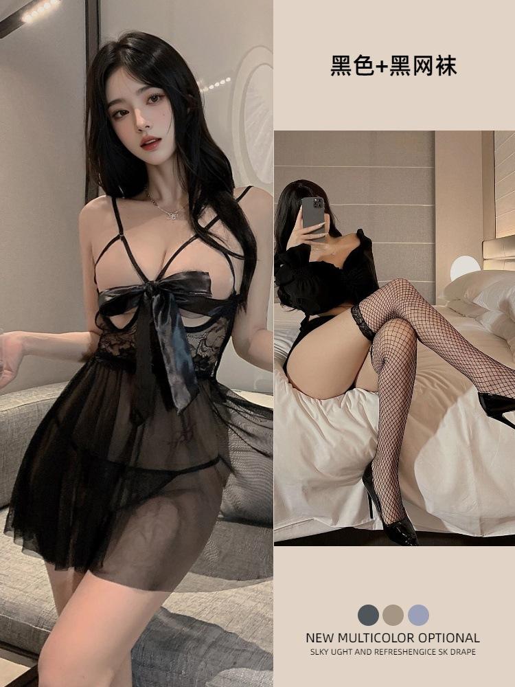 Strap milk leakage lingerie women's sexy suspender skirt large size bow princess wind mesh