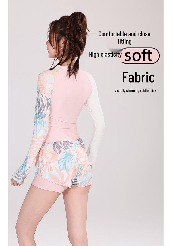 Hao Zhi Lang Women's Pink Long-Sleeve Swimsuit with Boy Shorts - Nylon Swimwear for Pools