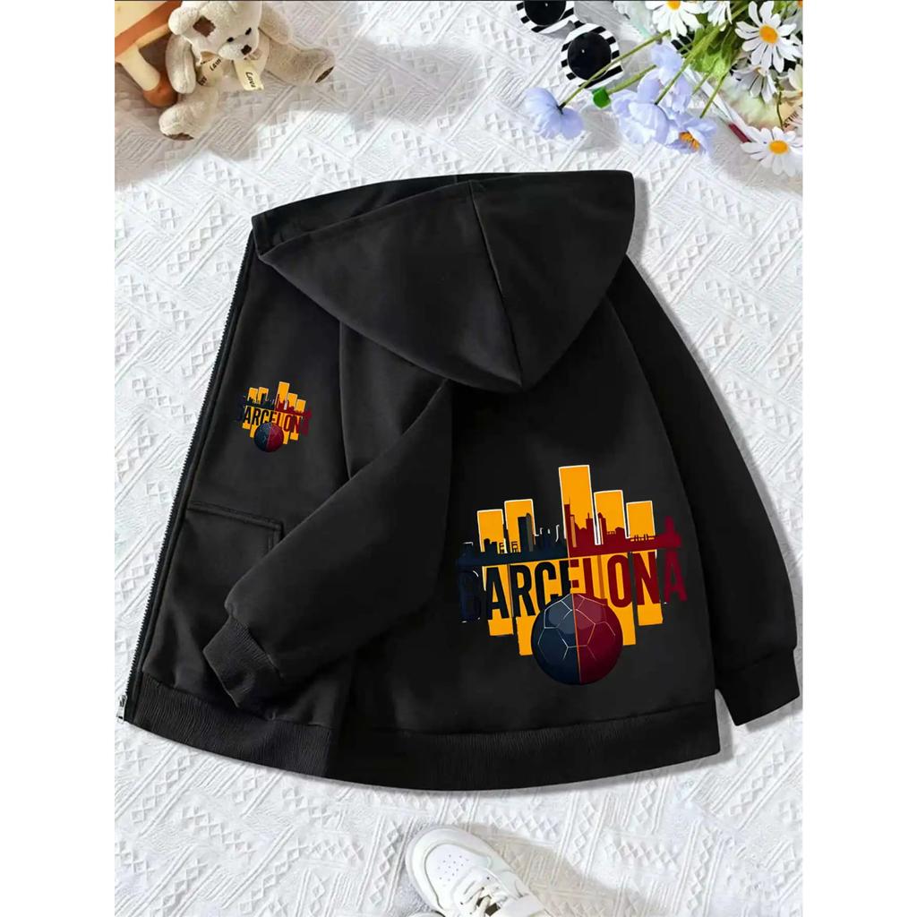 Kinder Hellgrauer Reißverschluss Hoodie Barcelona Stadtbild Fußball Grafikdruck Locker Langarm Kapuzenjacke Für Jungen Sport Oberbekleidung