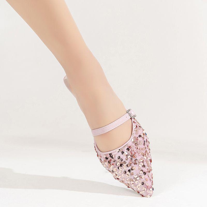 French pointed head thick heel bag head half slippers fashionable outer wear Muller shoes sequined single shoes women's spring and autumn 2025 new