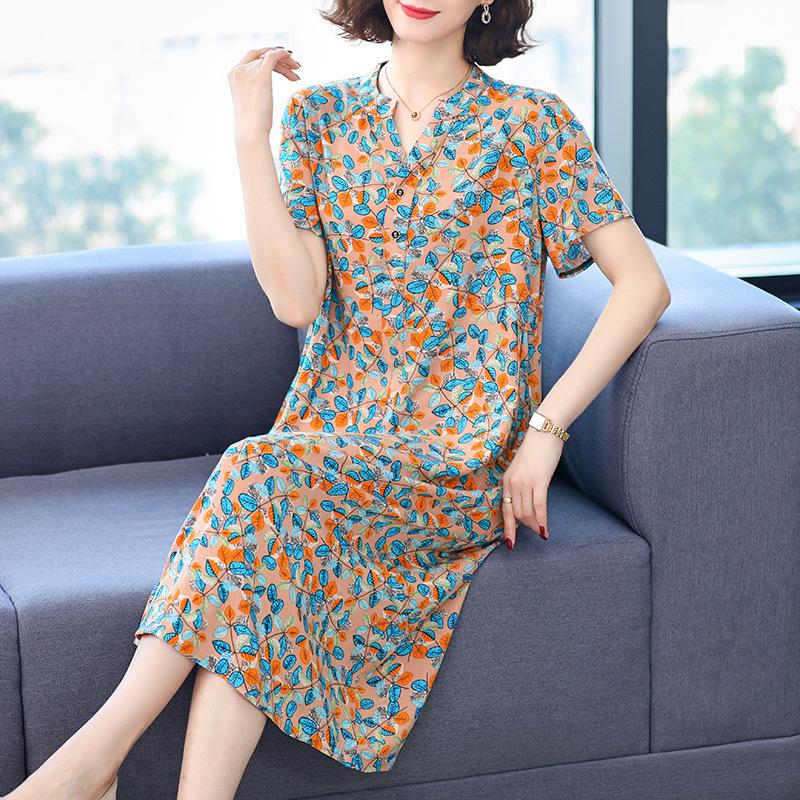 2024 Women's Floral Mid-Length Cotton Silk Slimming Plus Size Skirt Dress